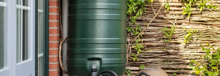 Grüne Regentonne an Hauswand